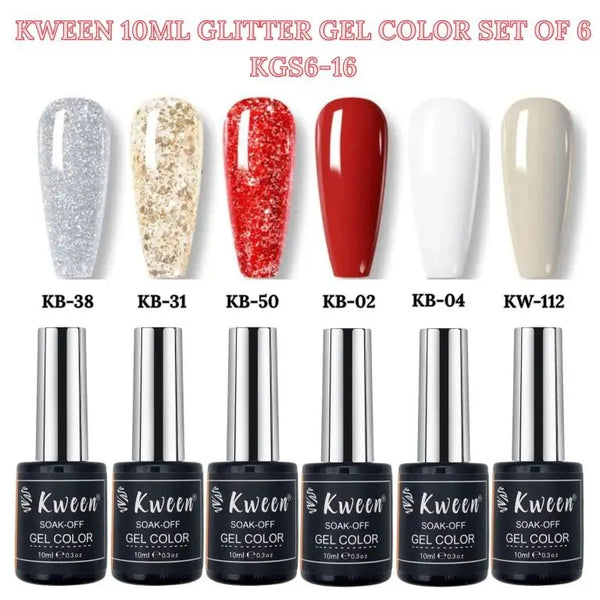 KWEEN Mix Glitter and Solid Soak Off UV Gel Nail Polish Set of 6
