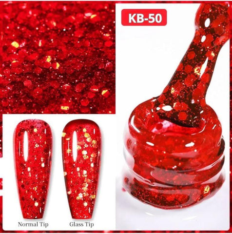 KWEEN Jelly Red Glitter Gel Nail Polish, Sparkly Mix Chunky Glitter Jelly Gel Polish, UV Light Cure for Nail Art DIY at Home