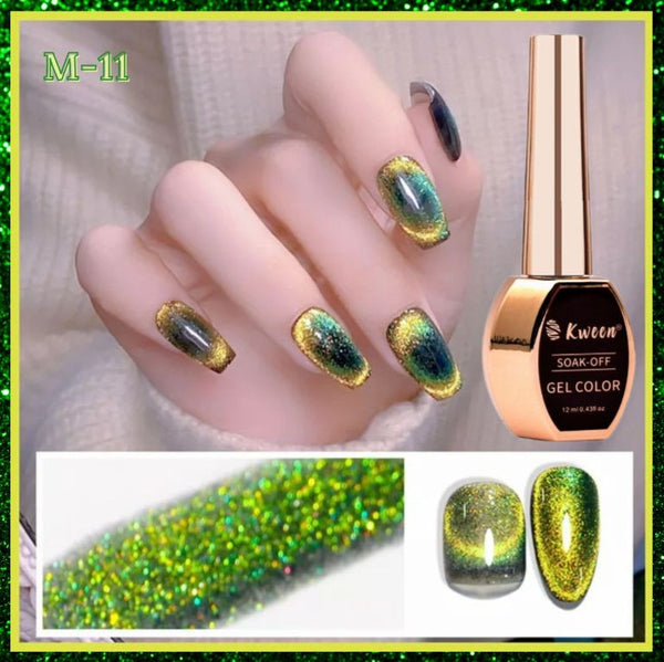 KWEEN 9D Cat Eye Gel Nail Polish,Peacock Galaxy Cateye Magnetic Nail Polish Gel,