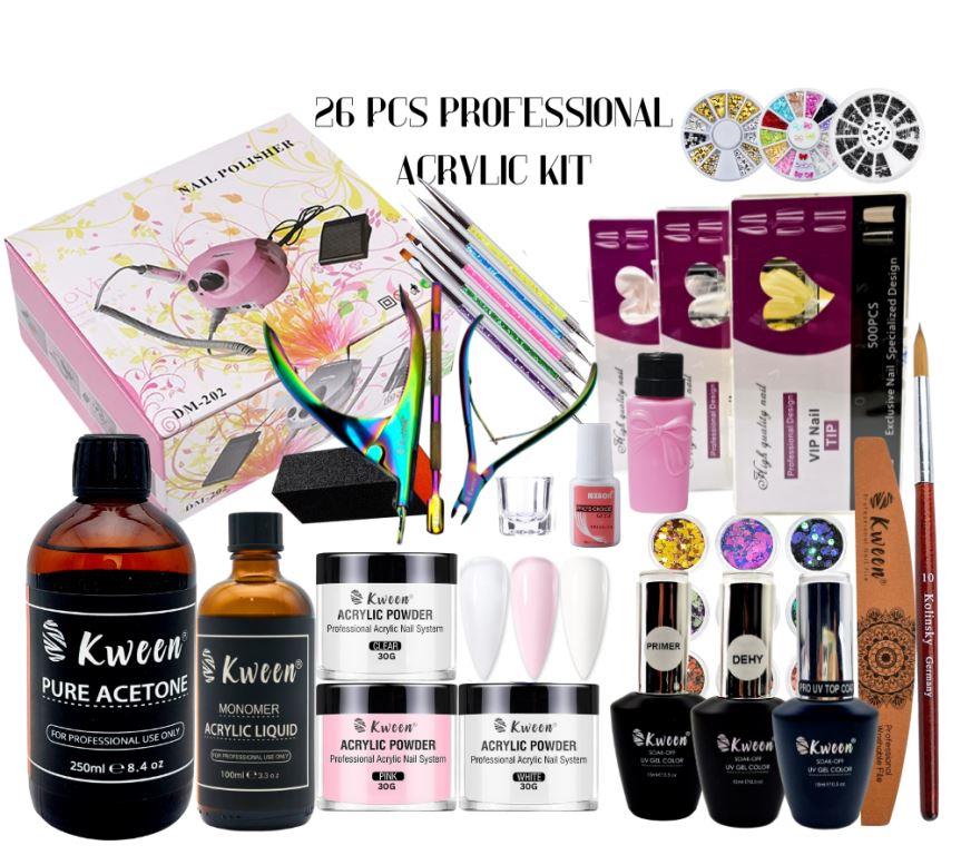 Kween Professional Acrylic Nail Kit, Nails Kit Acrylic Set with Acrylic Powder Liquid Monomer Glitter Nail Tips Acrylic Nail Brush, Acrylic Nail Art Decoration Tools Professional Manicure Set