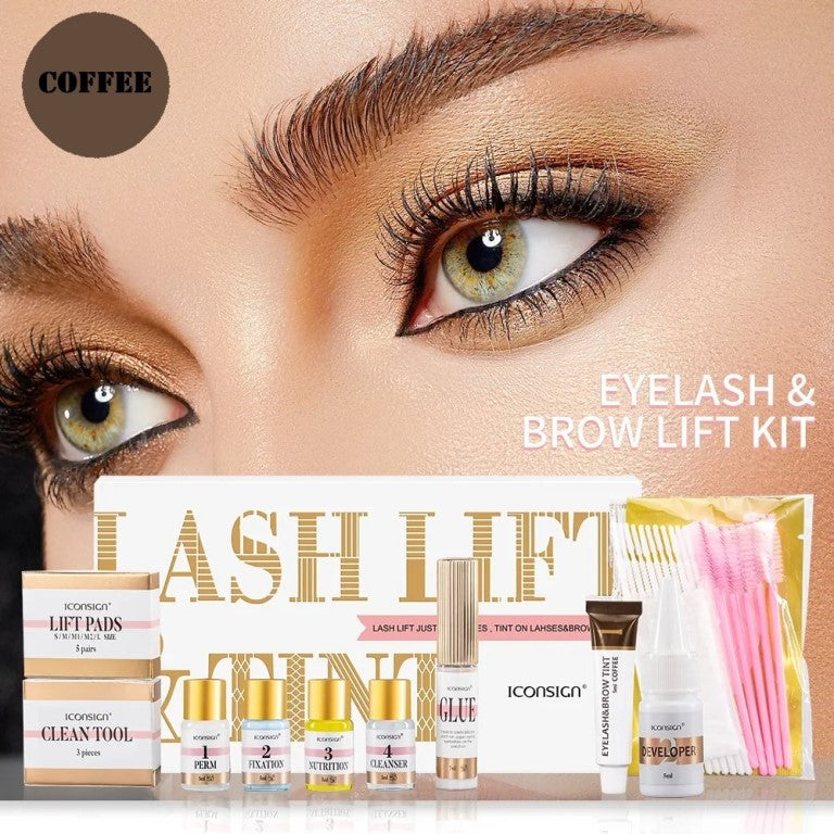 ICONSIGN Eye Lash & Brow Lift Kit Semi-Permanent Eyelash & Eyebrow 2-IN-1 Kit Long Lasting Suitable for Salon & Home Use.