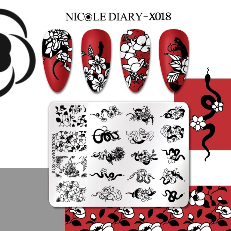 NICOLE DIARY Nail Art Stamping Plate Black Snake Line Drawing Template Animal Butterfly Flower Leaf Stamp Nail Mold Stencil Tool