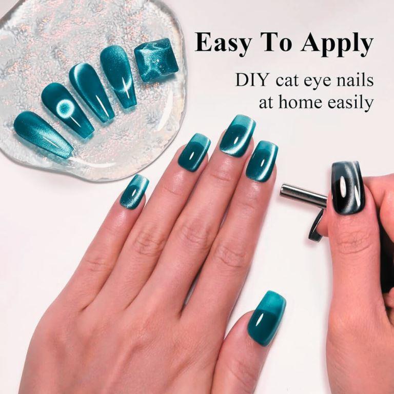 KWEEN Magnetic Gel Nail Polish, Sea Green Crystal Effect Cat Magnetic Eye Gel Nail Polish, Iridescent Nail Polish Gel for Nail Art Manicure Salon