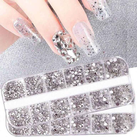 12 grids  Crystal Flat Back Silver Nail Rhinestone 3D Flat Bottom Mixed Size Nail Art Decoration