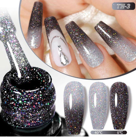 KWEEN 10ml Thermal Nail Polish Black Shiny Glitter Varnish UV Soak Off Temperature Color Changing Gel Polish For Manicure