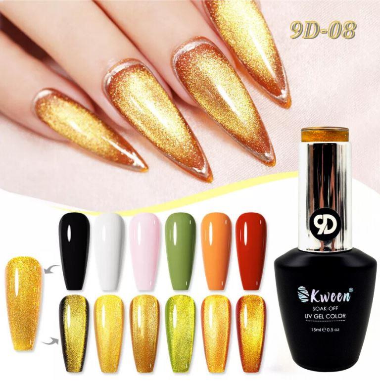 KWEEN Shiny Gold Cat Eye Gel Nail Art Polish Gel Gold Snowlight Semi-transparent Soak Off Gel Polish Led UV Gel For Manicure