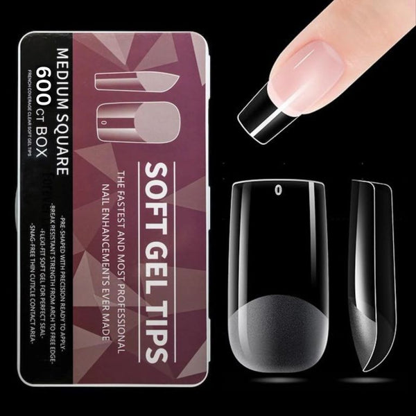 600pcs Half Matte Medium Square Soft Gel Nail Tips – Clear Durable Nail Extensions
