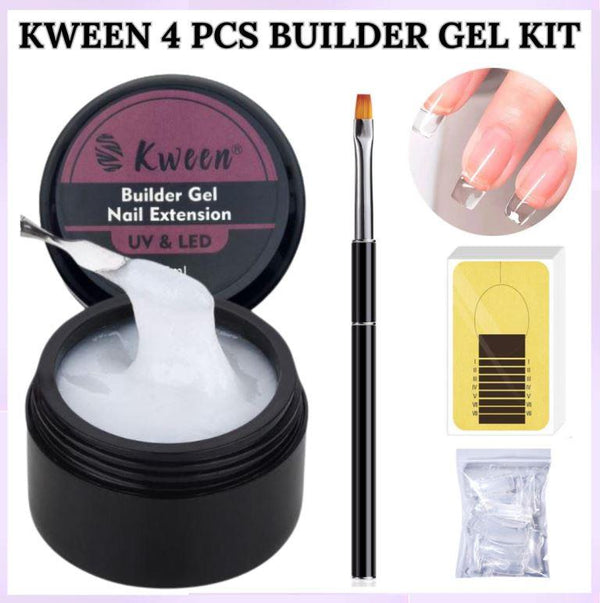 4 PCS KWEEN Builder Nail Gel Kit - Gel Extension Nail Kit with 15g Builder Nail Gel & Gel brush , Dual forms 24 pcs & 50pcs Nail Forms Manicure Starter Kit for Home DIY