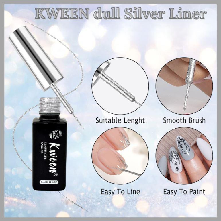 KWEEN Dull Silver Liner Gel Nail Polish, Painting Drawing UV Led Gel Polish Set, Classic DIY 3D Gel Nail Paint Nail Gel Polish, Pen Tool, Pull Line Pen for Nail Manicure