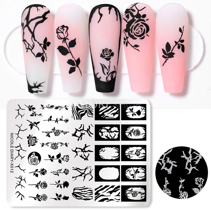 NICOLE DIARY Simple Flowers Nail Art Stamping Plate Geometry French Lines Templates Love Lace Stamp Nail Stencil Tool