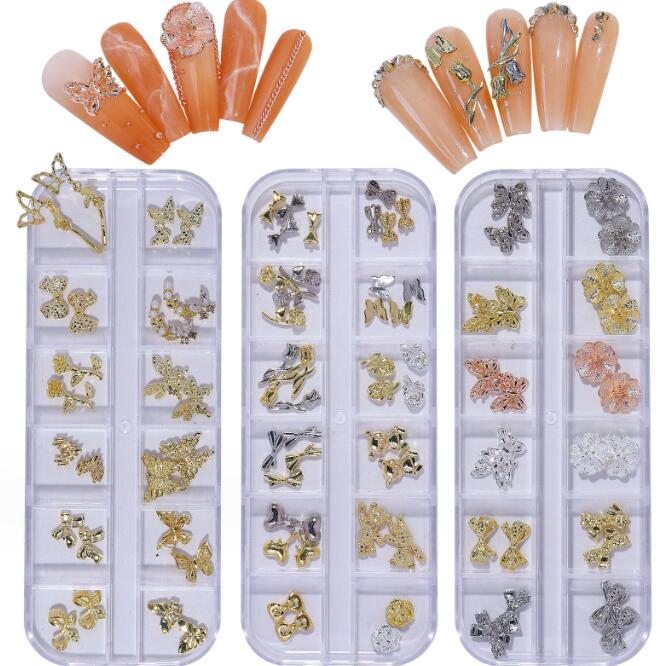 24pcs/box Alloy Zircon Butterfly Design Nail Decoration Rhinestone Flower Bow Bear Nail Tips Decorations Manicure Art Accessories