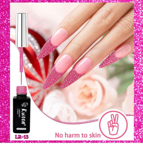 KWEEN Gel Liner Nail Art Reflective Glitter Polish Thin Brush Hot Pink Flash Diamond Painted Gel Soak Off Curing Requires for Home Salon DIY Nail Design Decoration