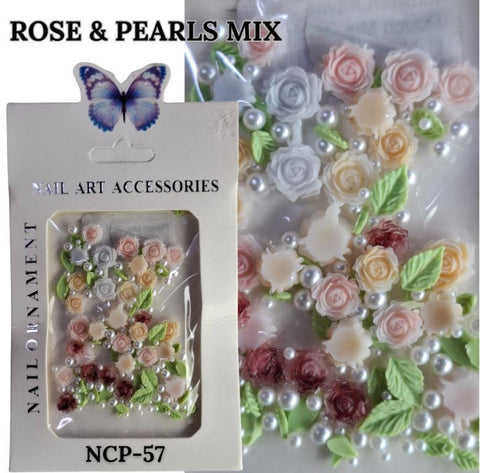 3D Rose Flower Nail Art Charms with Green Leaf, Mixed Colours Resin Rose Nail Decoration Kit for DIY Nail Designs Manicure Accessories