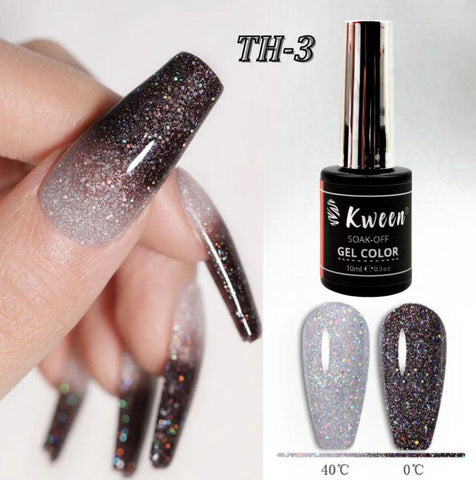 KWEEN 10ml Thermal Nail Polish Black Shiny Glitter Varnish UV Soak Off Temperature Color Changing Gel Polish For Manicure