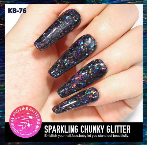 KWEEN Laser Holographic Black Glitter Sequins Gel Nail Polish Sparkly Shiny fine and Chunky Mix Glitter Soak Off UV Nail Gel For  Nail Art Manicure