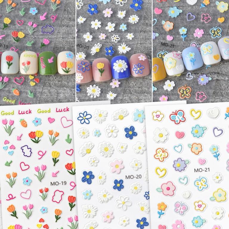 Flower Nail Stickers for Nail Art 5d Embossed Spring Nail Decals for Nails Designs Self Adhesive Colorful Floral Blossom Daisy Butterfly Stickers