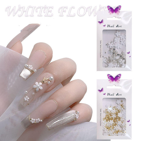 3D White Flower Nail Art Charm Decoration Nail Flower Pearl Golden Caviar Beads Acrylic Nail Art Stud