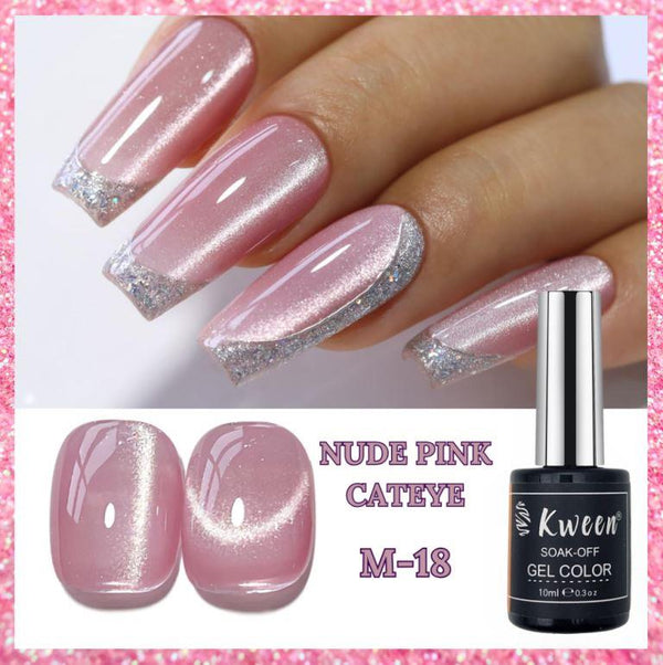KWEEN Nude Pink Cat Eye Gel Nail Polish,10ml Cherry Blossom Nude Pink Gel Polish Holographic Shimmer UV/LED Gel Polish For Manicure