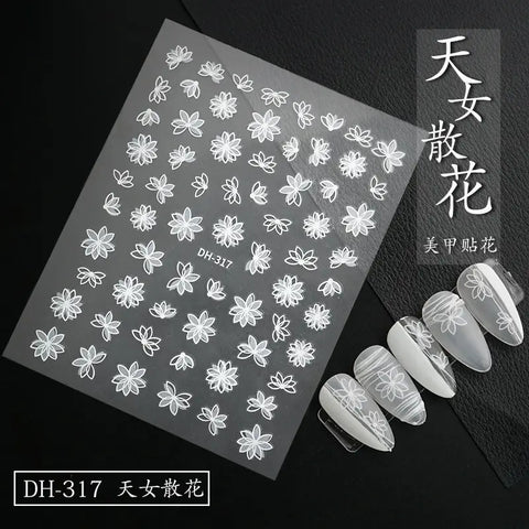 3D Embossed White Flowers Nail Art Stickers Nail Art Decoration Stickers For Manicure.