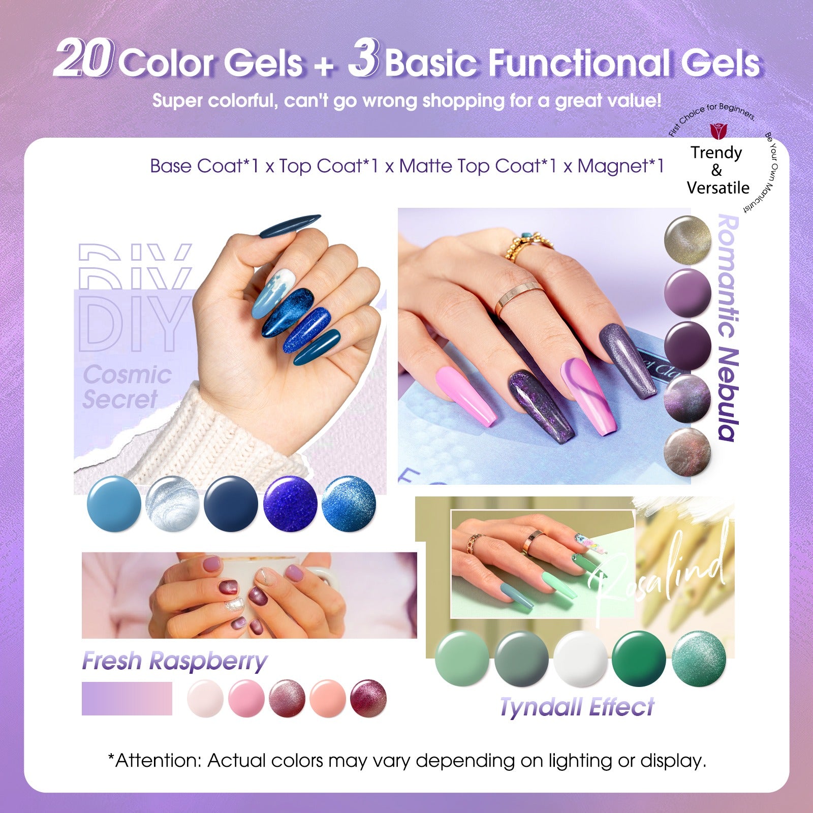 Rosalind 23pcs UV Gel Colors Pack Semi Permanent Glitter Gel Polish Colors Set For Manicure