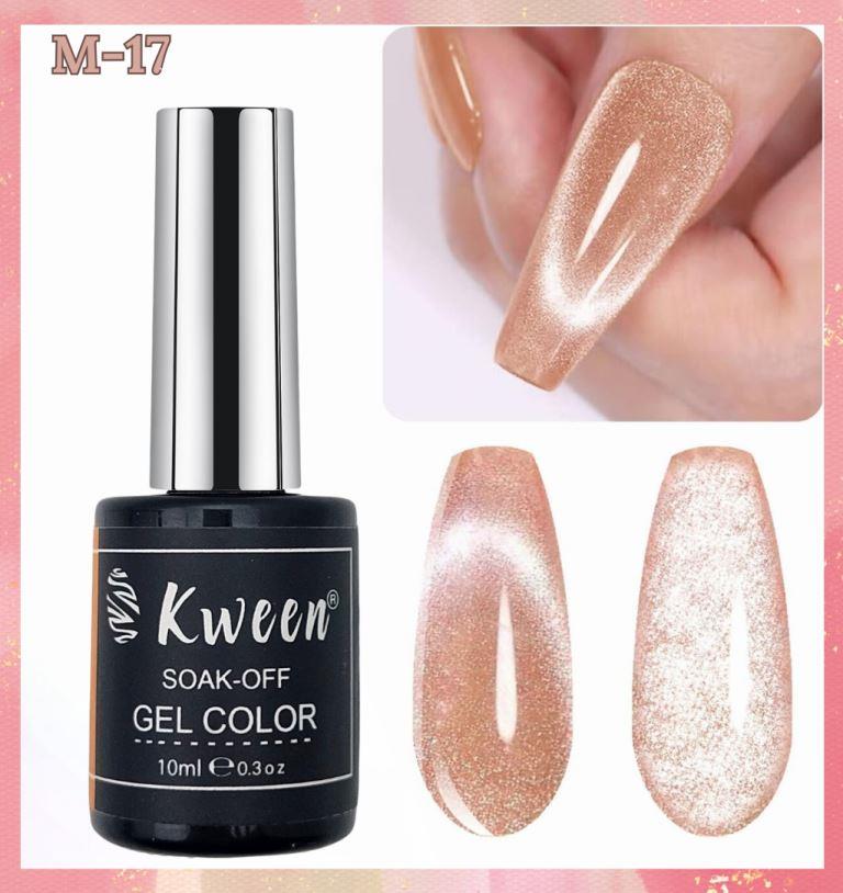 KWEEN 9D Cat Eye Gel Nail Polish, Nude with Gold Glitter Shimmer Holographic Nail Polish UV soak Off Magnetic Polish For Manicure