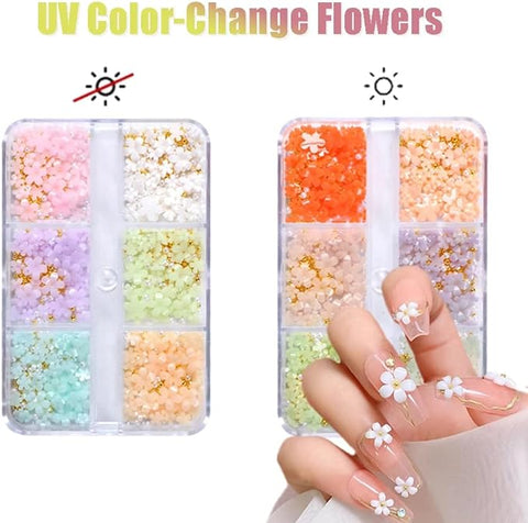 3D Flower Nail Art Charms, 6 Grids 3D Acrylic Nail Flowers Rhinestone Light Change Pink White Blue Cherry Blossom Acrylic Spring Nail Art Supplies with Pearls Manicure DIY Nail Decorations