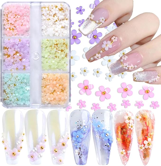 3D Flower Nail Art Charms, 6 Grids 3D Acrylic Nail Flowers Rhinestone Light Change Pink White Blue Cherry Blossom Acrylic Spring Nail Art Supplies with Pearls Manicure DIY Nail Decorations