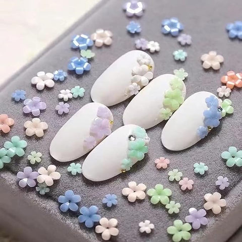 3D Flower Nail Art Charms, 6 Grids 3D Acrylic Nail Flowers Rhinestone Light Change Pink White Blue Cherry Blossom Acrylic Spring Nail Art Supplies with Pearls Manicure DIY Nail Decorations