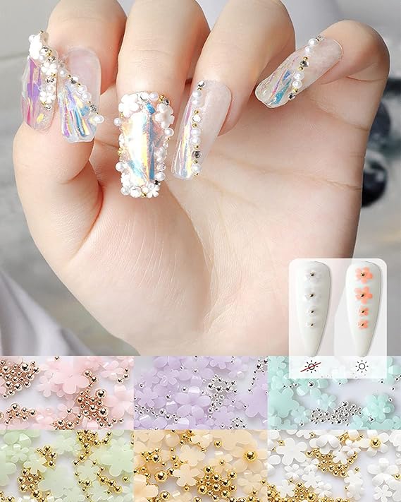 3D Flower Nail Art Charms, 6 Grids 3D Acrylic Nail Flowers Rhinestone Light Change Pink White Blue Cherry Blossom Acrylic Spring Nail Art Supplies with Pearls Manicure DIY Nail Decorations