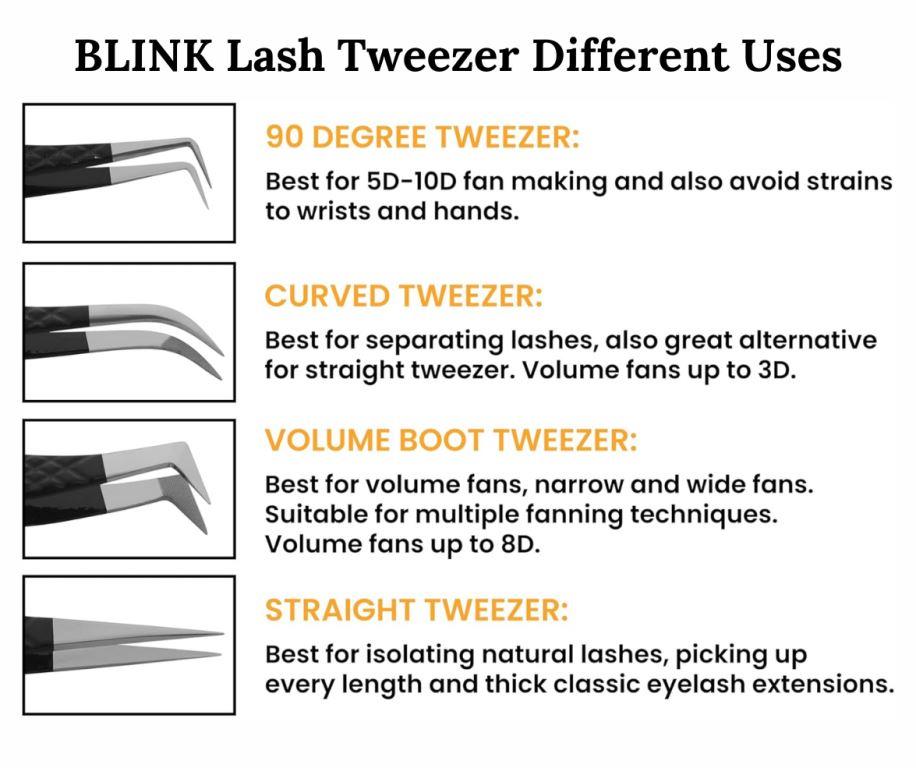 BLINK Professional Fiber Tip Lash Tweezers Set Stainless Steel Lash Extension Tweezers for Classic and Volume Lashes (Black)