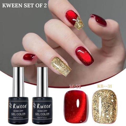 KWEEN 2Pcs/Set 10ml Red Cat Magnetic Gel Polish with Gold Glitter Gel Polish