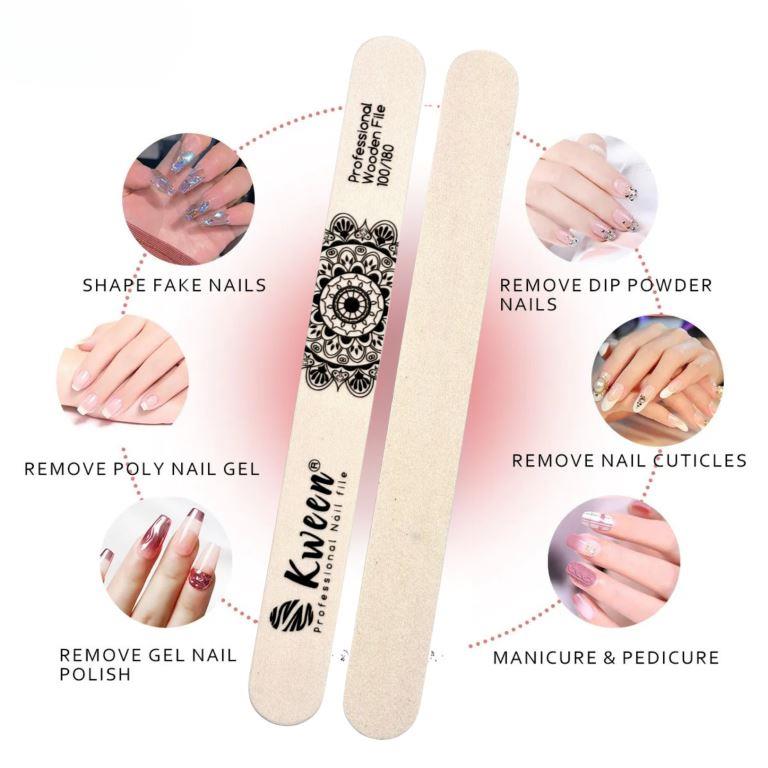 KWEEN Professional Thin Wooden Nail File Emery Board 100/180 Grit Tool