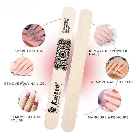 KWEEN Professional Thin Wooden Nail File Emery Board 100/180 Grit Tool