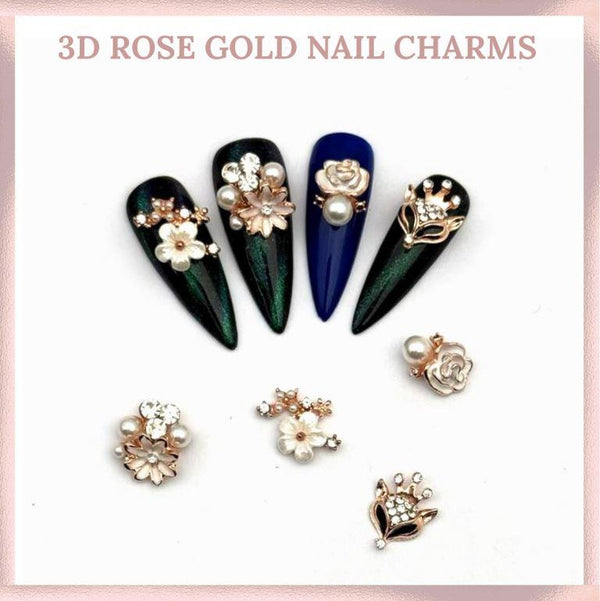 3D Rosegold Flower & Pearl Nail Rhinestones Gems Luxurious Diamond Charms 2 Pairs