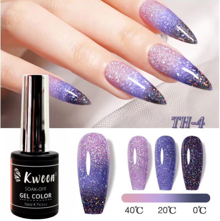 KWEEN Thermal Gel Nail Polish 10ml Shiny Glitter Purple 3 Layers Temperature Color Changing Gel Semi-Permanent Varnish Gel Polish For Manicure