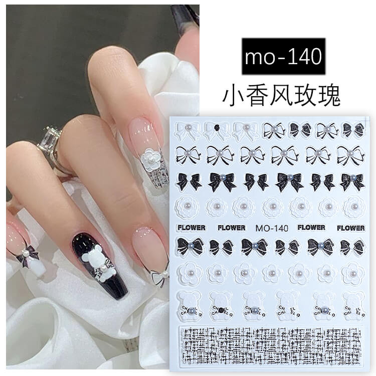 5D Realistic Relief Elegant Black White Check Pearl Love Heart Bow Adhesive Nail Art Stickers Decals Manicure Charms