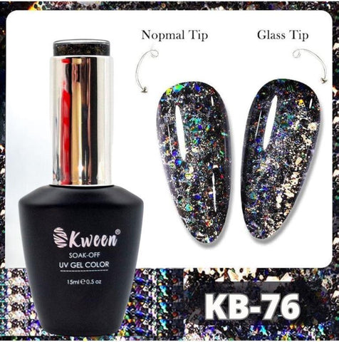 KWEEN Laser Holographic Black Glitter Sequins Gel Nail Polish Sparkly Shiny fine and Chunky Mix Glitter Soak Off UV Nail Gel For  Nail Art Manicure