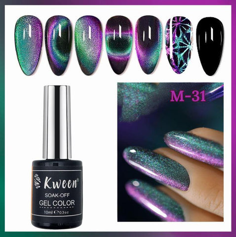 KWEEN Cat Eye Gel Nail Polish Upgrade 9D Cat Eye Gel Nail Polish with Black Color Gel High Pigment Double Colors Magnetic Gel Galaxy Chameleon Effect Professional Use for Salon