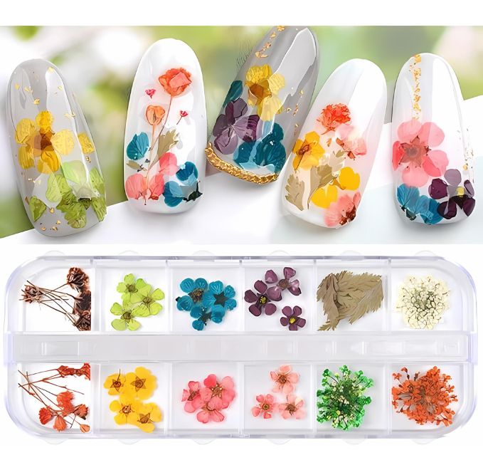 12 Grid 3D Dried Flowers Nail Art Set Real Pressed Flowers for Creating Beautiful Nails At Home.