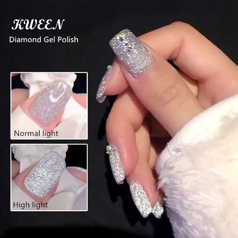 KWEEN Reflective Silver Glitter Gel Nail Polish Sparkling Diamond Nail Gel Polish Silver color Soak Off UV LED Gel For Nail art