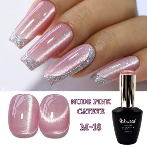 KWEEN Nude Pink Cat Eye Gel Nail Polish,15ml Cherry Blossom Nude Pink Gel Polish Holographic Shimmer UV/LED Gel Polish For Manicure