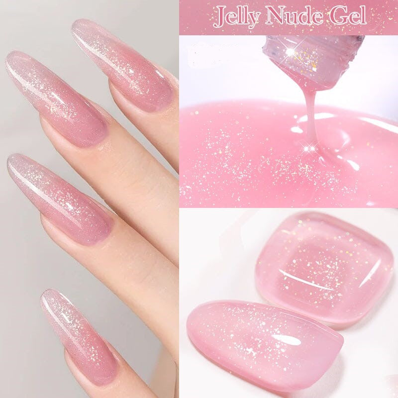 KWEEN Pink Glitter Jelly Gel Nail Polish, Pastel Pink Colorful Jelly Translucent Neutral Holographic Shimmer Iridescent Sparkly Salon Home DIY UV Manicure Nail Gel