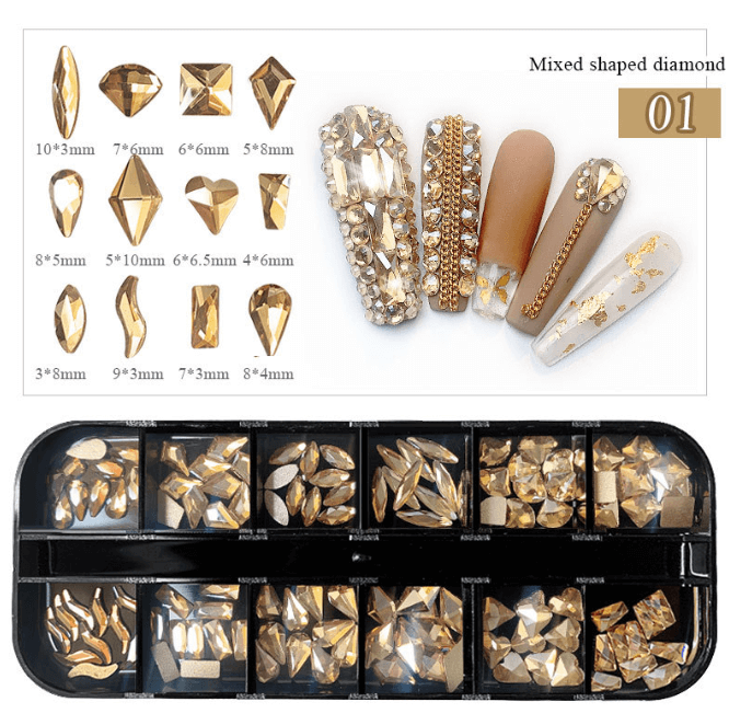 Premium Nail Art Rhinestone Set 12 Unique Shapes & Mixed Sizes for Stunning Nail Designs.