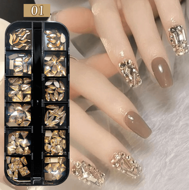 Premium Nail Art Rhinestone Set 12 Unique Shapes & Mixed Sizes for Stunning Nail Designs.