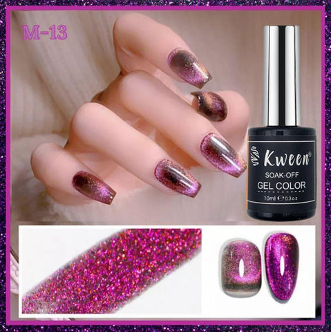 KWEEN PEACOCK Cat Eye Gel Nail Polish, Magnetic Gel Polish Magic Shimmer Galaxy Effect Holographic Glitter Silky Cat Eye Nail Polish Soak Off Nail Art Salon Manicure at Home