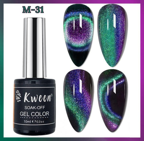 KWEEN Cat Eye Gel Nail Polish Upgrade 9D Cat Eye Gel Nail Polish with Black Color Gel High Pigment Double Colors Magnetic Gel Galaxy Chameleon Effect Professional Use for Salon