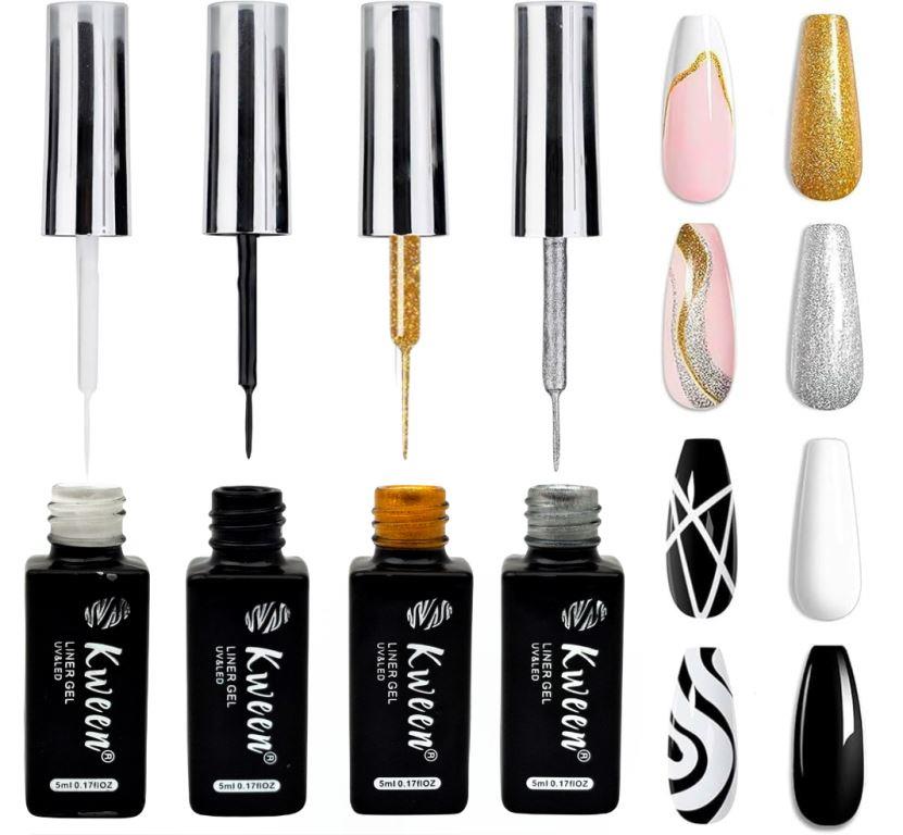 KWEEN Gel Liner Nail Art Polish Set Gel Liner Nail Art Kit For Nail Design, 4 Colors Black White Gold Silver Design Paint with Thin Brush for French Tip Manicure DIY Nail Art