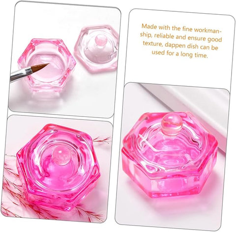 Pink Glass Crystal Dappen Dish with Lid Acrylic Liquid Holder for Nail Powder and Monomer.