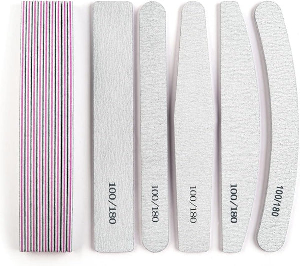 5 Pcs Professional Nail Files 100/180 Grit – Mixed Shapes