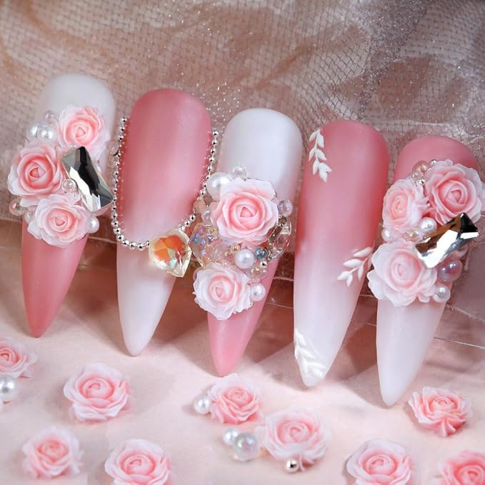 3D Rose Flower Nail Charms Flower Nail Art Charms Nail Pearls Flower Charms for Nails Design Nail Flowers Rose Nail Charm Floral Nail Jewels For Manicure